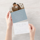 Modern Elegant Dusty Blue Photo Wedding All In One Uitnodiging (Afscheurbaar)
