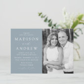 Modern Elegant Dusty Blue Photo Wedding Kaart (Staand voorkant)