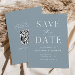 Modern Elegant Dusty Blue QR Code Save The Date<br><div class="desc">kondig uw aanstaande updates in stijl met onze elegante, moderne QR code sparen de datumkaart aan. Niet-foto sparen de datumeigenschappen "sparen de Datum"in witte serif en manuscriptdoopvonten met een stoffige blauwe achtergrond. Pas de voorzijde van de opslagkaart aan door uw namen, trouwdatum, trouwlocatie en andere trouwgegevens toe te voegen. Minimale...</div>