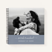 Modern Elegant Dusty Blue Script Photo Wedding Notitieboek (Voorkant)