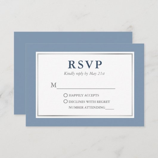 Modern Elegant Dusty Blue Silver RSVP Kaartje (Voorkant / Achterkant)