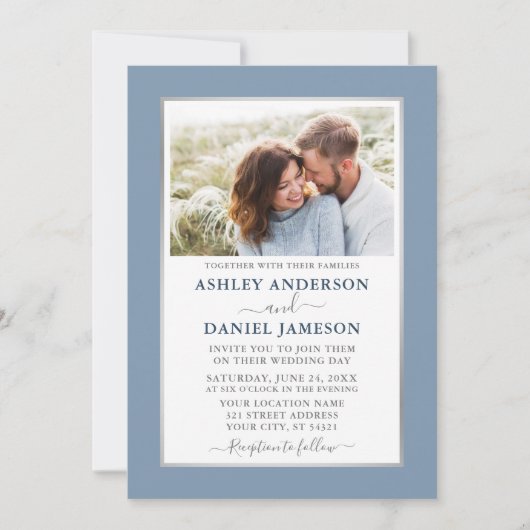 Modern Elegant Dusty Blue Silver Wedding Kaart (Voorkant)
