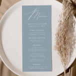 Modern Elegant Dusty Blue Wedding Menu<br><div class="desc">Eenvoudig en elegant trouwmenu met "Menu" in een modern wit script met een stoffige blauwe achtergrond of kleur van uw keuze. Pas het stoffige blauwe trouwmenu aan door uw namen,  trouwdatum,  en menuinformatie toe te voegen. Ontworpen om te coördineren met ons Modern Elegance bruiloft collectie.</div>