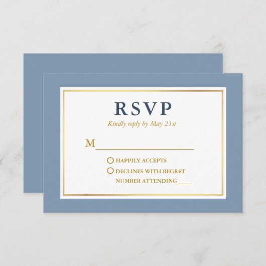Modern Elegant Dusty Blue White Gold RSVP Kaartje (Voorkant / Achterkant)