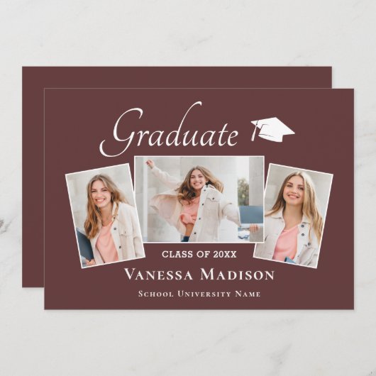 Modern | Elegant Dusty Roos 3 Foto Afstuderen Aankondiging (Voorkant / Achterkant)