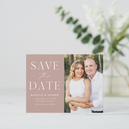 Modern Elegant Dusty Roos Foto Save the Date Aankondigingskaart (Staand voorkant)