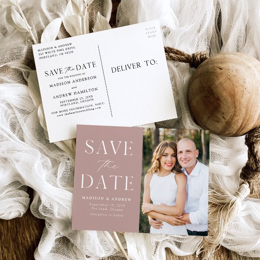 Modern Elegant Dusty Roos Foto Save the Date Aankondigingskaart