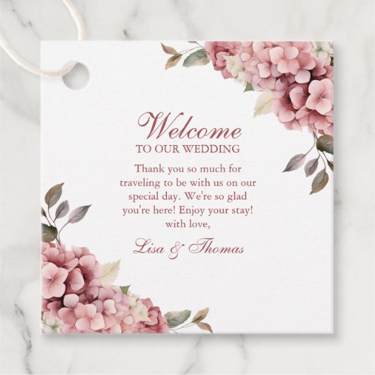 Modern Elegant Dusty Roos Hydrangea Bruiloft Bedankjes Labels (Voorkant)