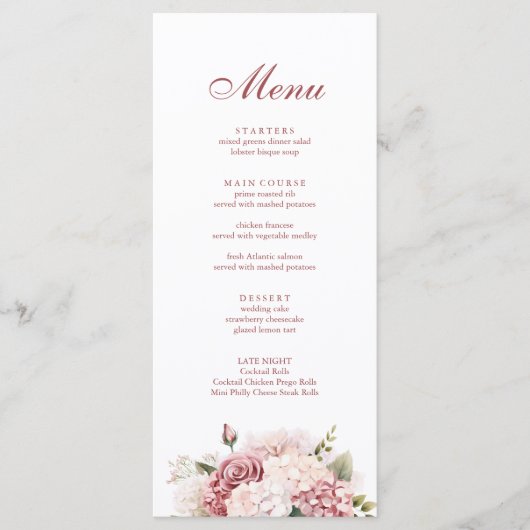 Modern Elegant Dusty Roos Hydrangea Bruiloft Menu (Voorkant)