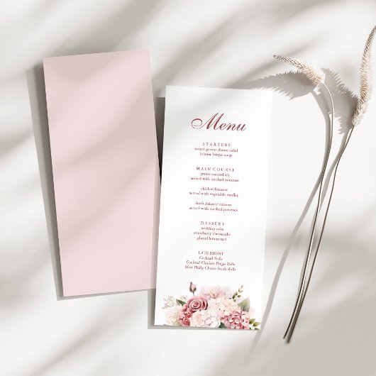 Modern Elegant Dusty Roos Hydrangea Bruiloft Menu