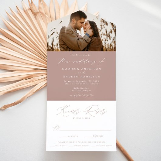 Modern Elegant Dusty Roos Photo Wedding All In One Uitnodiging