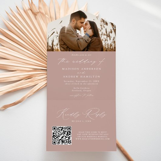 Modern Elegant Dusty Roos Photo Wedding All In One Uitnodiging