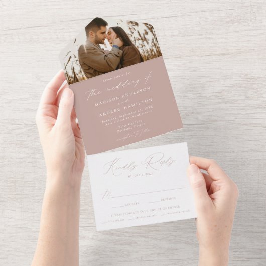 Modern Elegant Dusty Roos Photo Wedding All In One Uitnodiging (Afscheurbaar)