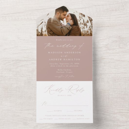 Modern Elegant Dusty Roos Photo Wedding All In One Uitnodiging (Binnen)