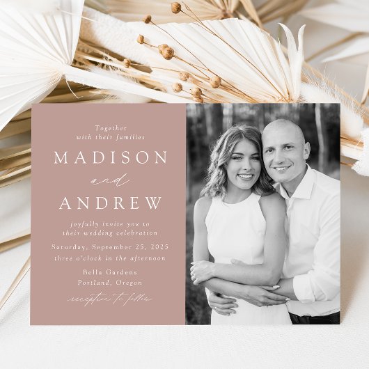 Modern Elegant Dusty Roos Photo Wedding Kaart