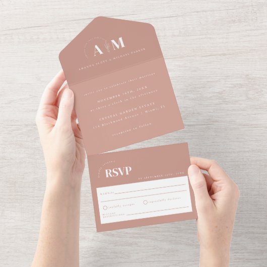 Modern Elegant Dusty Roos Wedding All In One Uitnodiging (Afscheurbaar)
