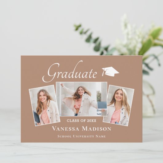 Modern | Elegant Earth Tone 3 Foto Afstuderen Aankondiging (Staand voorkant)