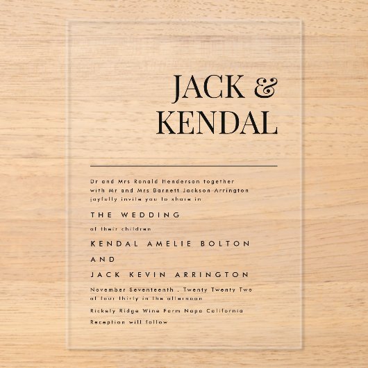 Modern Elegant | Editable Names Wedding Acryl Uitnodigingen (Voorkant)