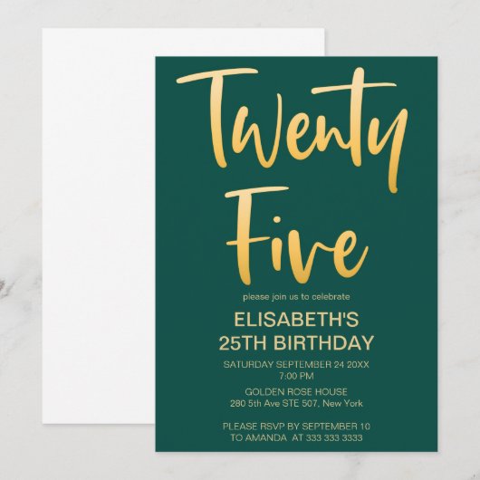 Modern Elegant Eenvoudig Groen 25TH Verjaardagsfee Kaart (Voorkant / Achterkant)