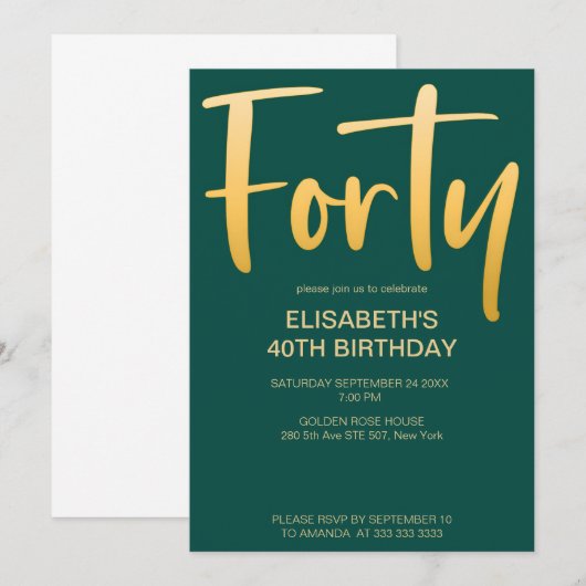 Modern Elegant Eenvoudig Groen 40e Verjaardagsfees Kaart (Voorkant / Achterkant)