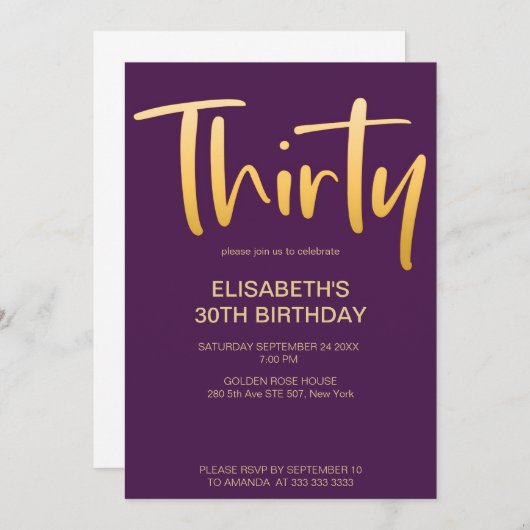 Modern Elegant Eenvoudig Paarse 30ste Verjaardagsf Kaart (Voorkant / Achterkant)