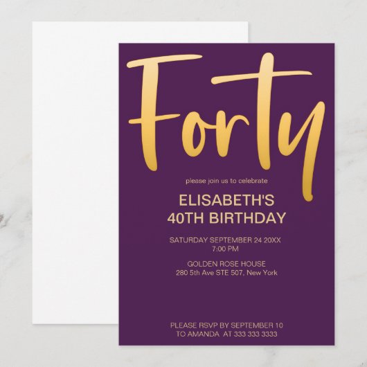 Modern Elegant Eenvoudig Paarse 40ste Verjaardagsf Kaart (Voorkant / Achterkant)