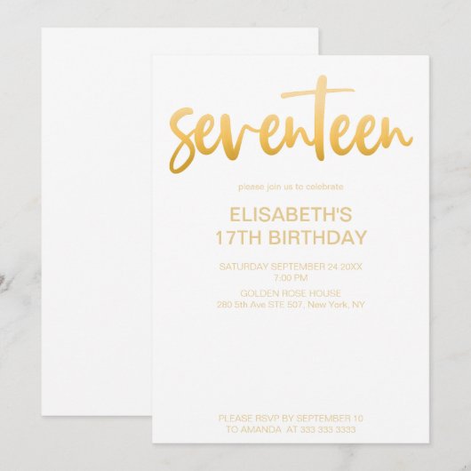 Modern Elegant Eenvoudig Wit/Goud 17 Verjaardagsfe Kaart (Voorkant / Achterkant)