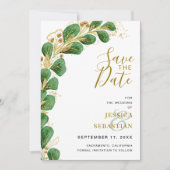 Modern Elegant Emerald Green en Gold Eucalyptus Save The Date (Voorkant)