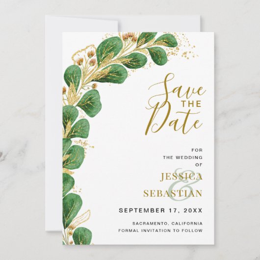 Modern Elegant Emerald Green en Gold Eucalyptus Save The Date (Voorkant)