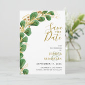 Modern Elegant Emerald Green en Gold Eucalyptus Save The Date (Staand voorkant)