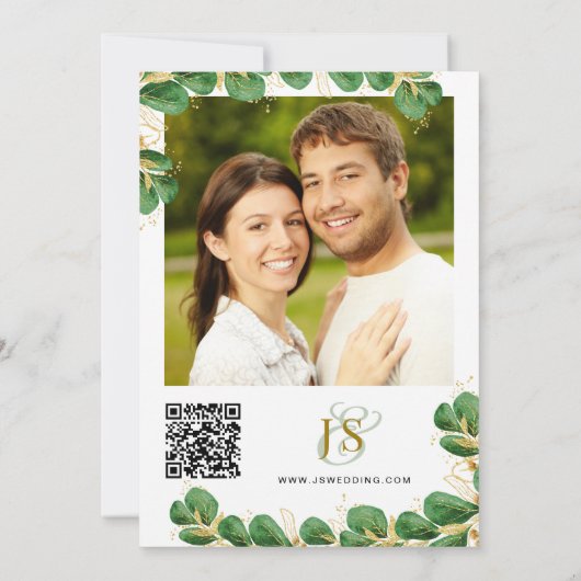 Modern Elegant Emerald Green en Gold Eucalyptus Save The Date (Achterkant)
