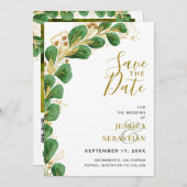Modern Elegant Emerald Green en Gold Eucalyptus Save The Date (Voorkant / Achterkant)