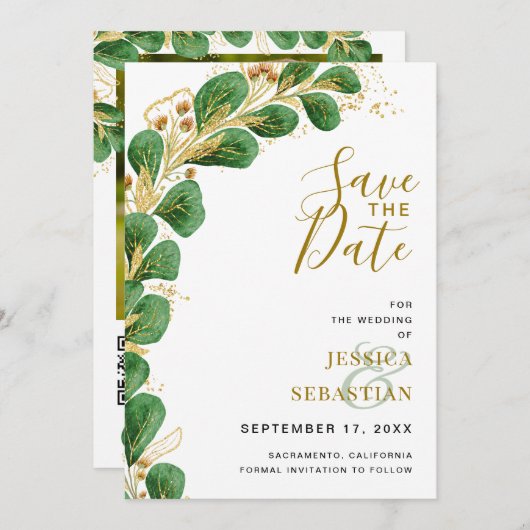 Modern Elegant Emerald Green en Gold Eucalyptus Save The Date (Voorkant / Achterkant)