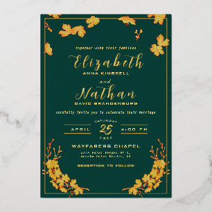 Modern Elegant Emerald Green & Gold Floral Wedding Folie Uitnodiging