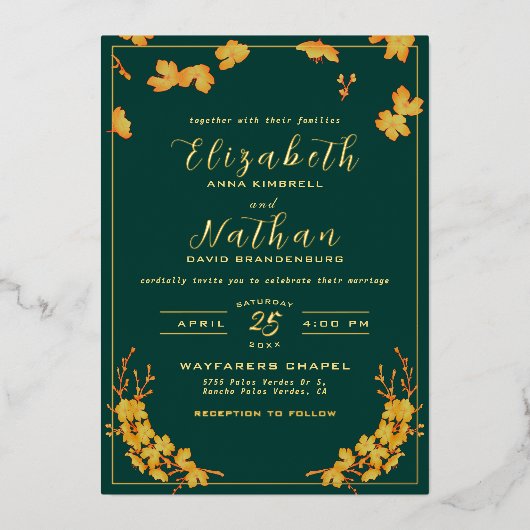 Modern Elegant Emerald Green & Gold Floral Wedding Folie Uitnodiging (Voorkant)