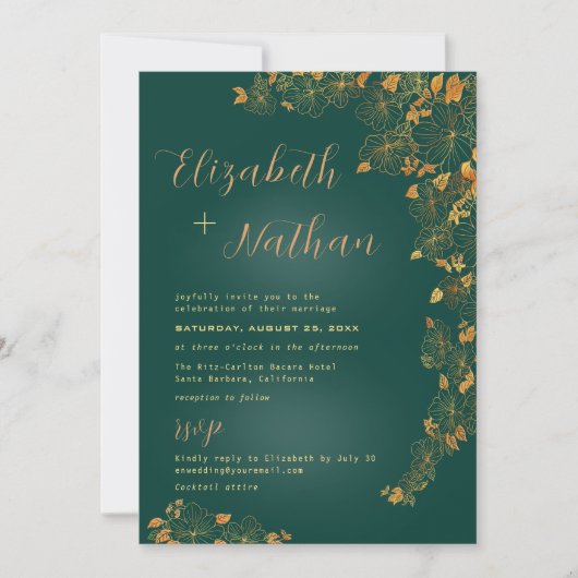 Modern Elegant Emerald Green Gold Floral Wedding Kaart (Voorkant)