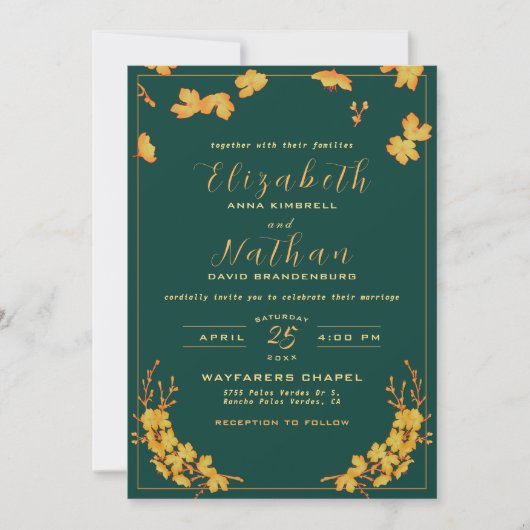 Modern Elegant Emerald Green & Gold Floral Wedding Kaart (Voorkant)