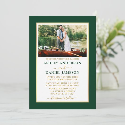 Modern Elegant Emerald Green Gold Wedding Kaart (Staand voorkant)