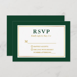 Modern Elegant Emerald Green White Gold RSVP Kaartje