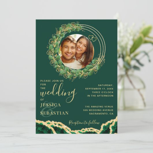 Modern Elegant Eucalyptus Agate Emerald Wedding Kaart (Staand voorkant)