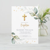 Modern Elegant Eucalyptus Gold Baptism Christening Kaart (Staand voorkant)