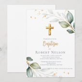 Modern Elegant Eucalyptus Gold Baptism Christening Kaart (Voorkant / Achterkant)