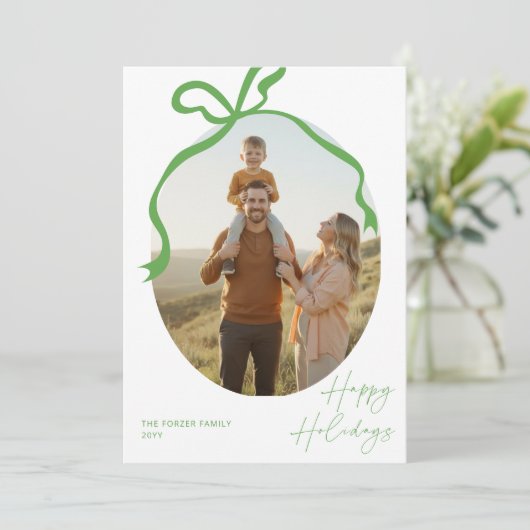 Modern Elegant Family Photo Green Bow Christmas Feestdagenkaart (Staand voorkant)