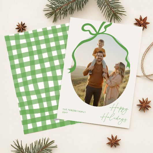 Modern Elegant Family Photo Green Bow Christmas Feestdagenkaart