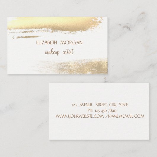 Modern Elegant Faux Gold Foil Brush Stroke, White Visitekaartje (Voorkant / Achterkant)