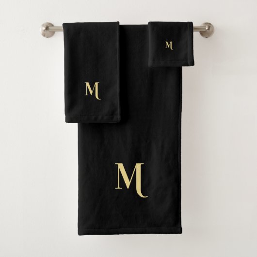Modern Elegant Faux Gold Script Monogrammed Zwart Bad Handdoek (Insitu)