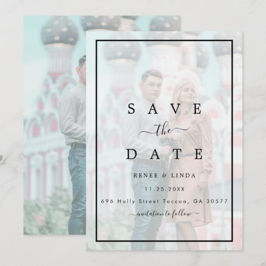 Modern Elegant Faux Vellum Effect Photo Wedding Save The Date (Voorkant / Achterkant)