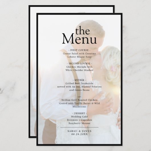 Modern Elegant Faux Vellum Photo Dinner Menu (Voorkant / Achterkant)