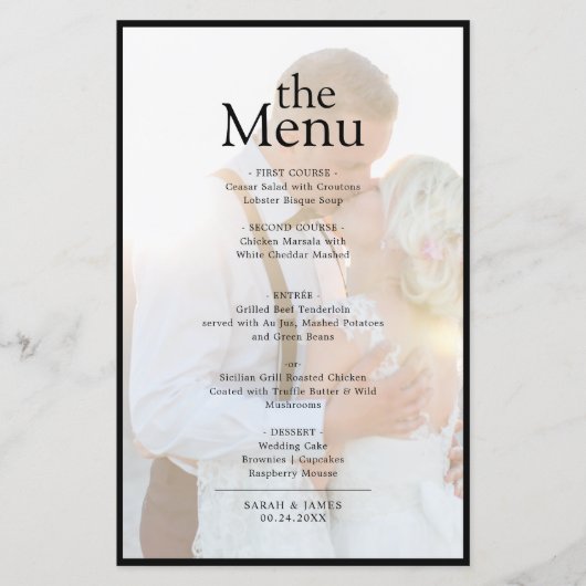 Modern Elegant Faux Vellum Photo Dinner Menu (Voorkant)
