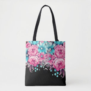 Modern Elegant Feestelijk Roze & Blauwgroen Bloeme Tote Bag